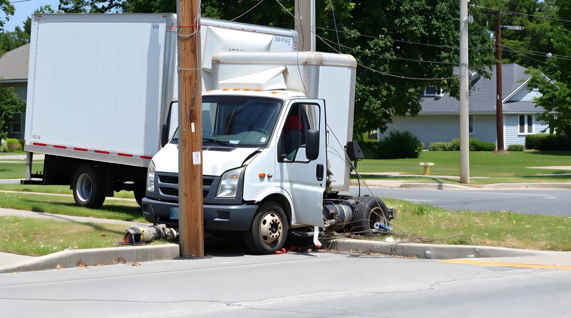 White box truck with front-end collision damage at a Jacksonville, FL intersection, awaiting body repair